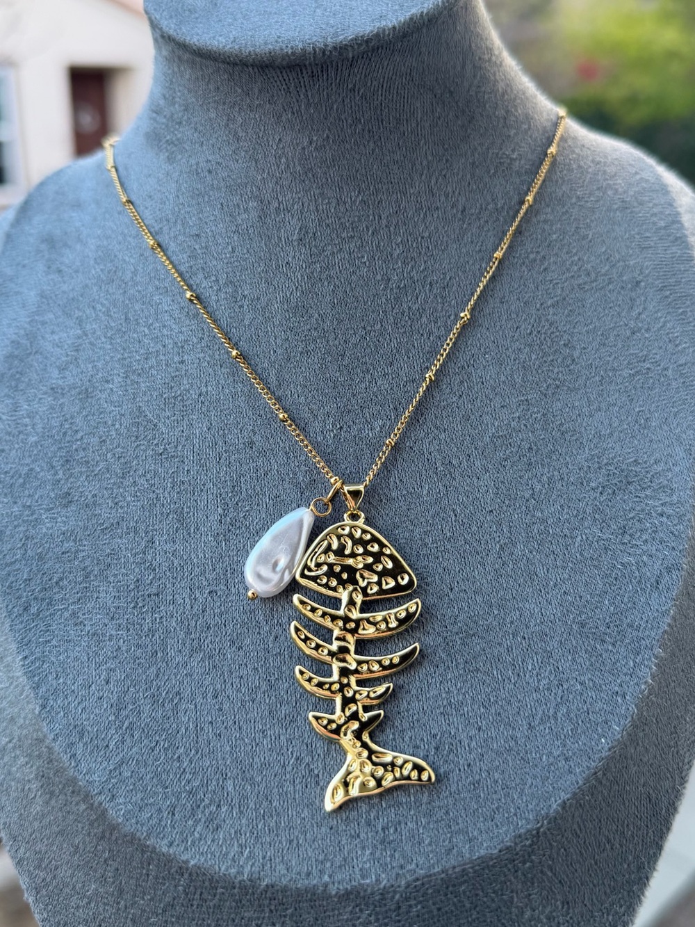 Gold Fishbone Pendant Necklace with Pearl Accent Fish Necklace